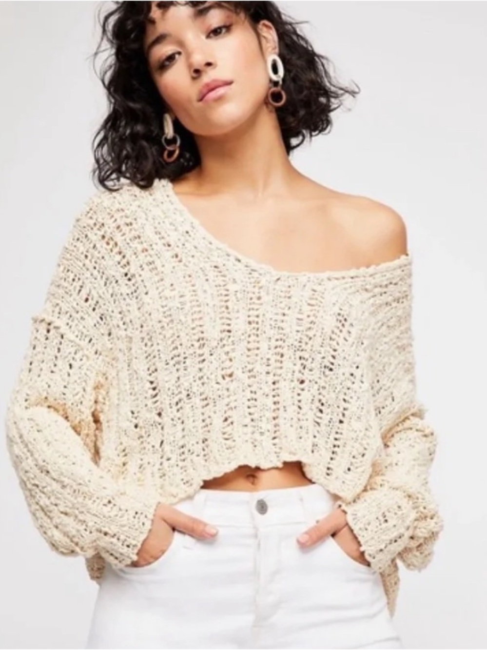 Free People Beach Comber Cropped Open-Knit Crochet Sweater